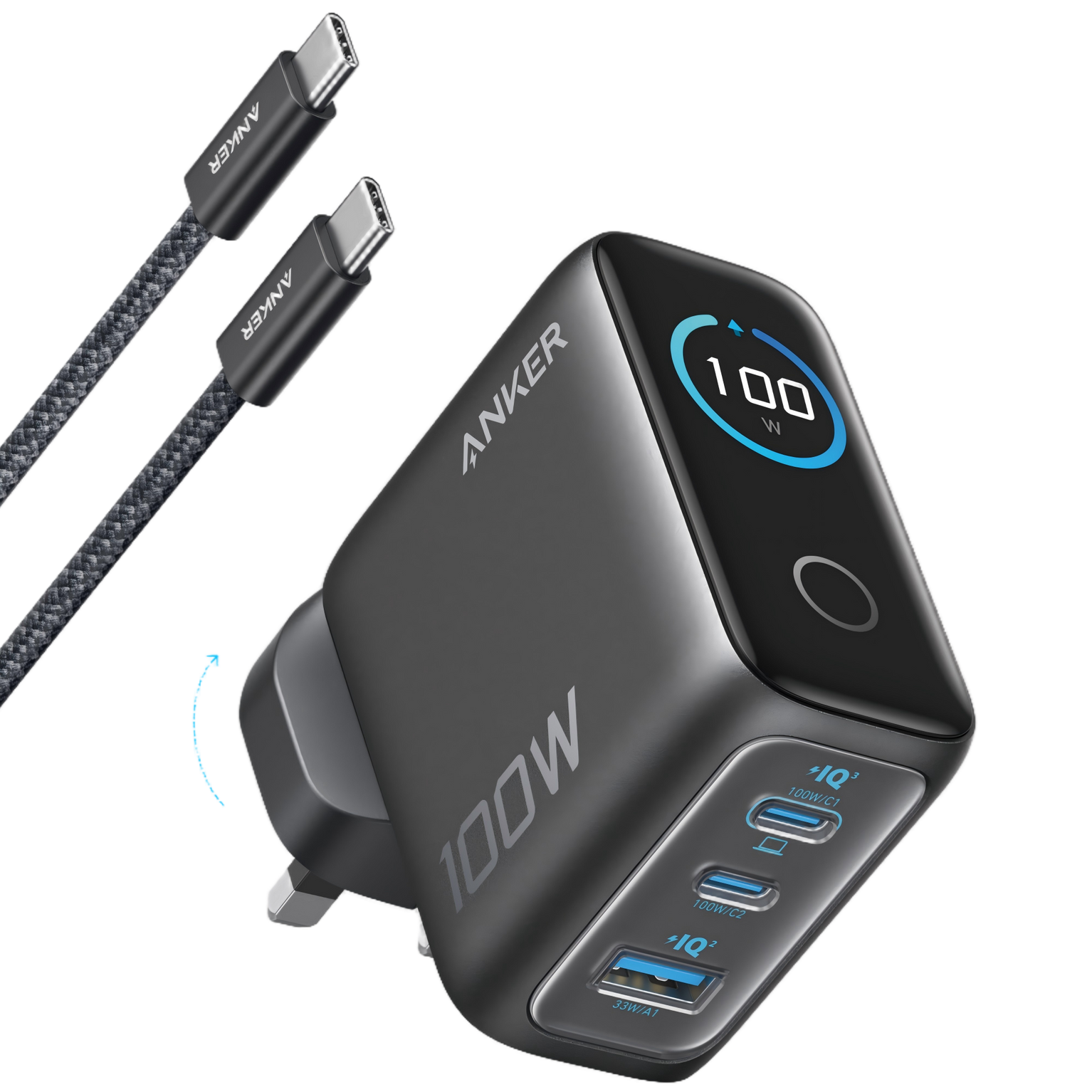 Anker Charger (100W, 3 Ports, Smart Display)