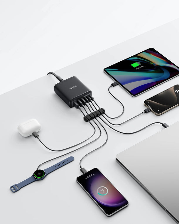 Multi-device fast charger powering phone, tablet, laptop, watch & earbuds simultaneously