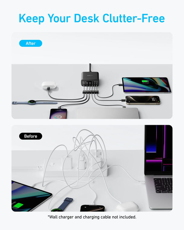 Clutter-free desk with multi-device charging station and organized cables