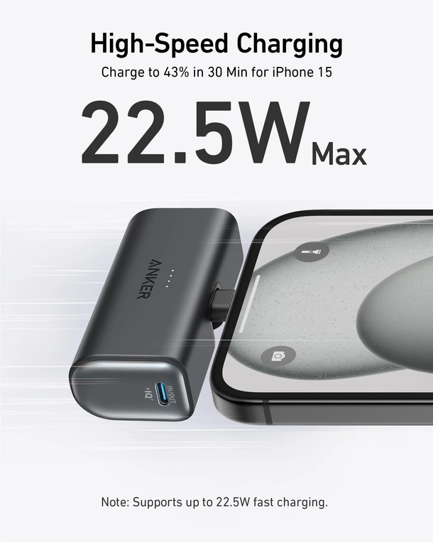 Anker 22.5W fast charging power bank charging iPhone 15, high-speed 43% in 30 mins, compact design