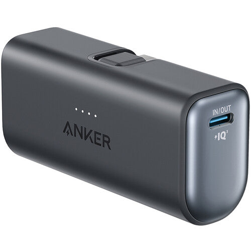 Anker power bank with USB-C port and IQ+ charging, sleek black design for portable charging