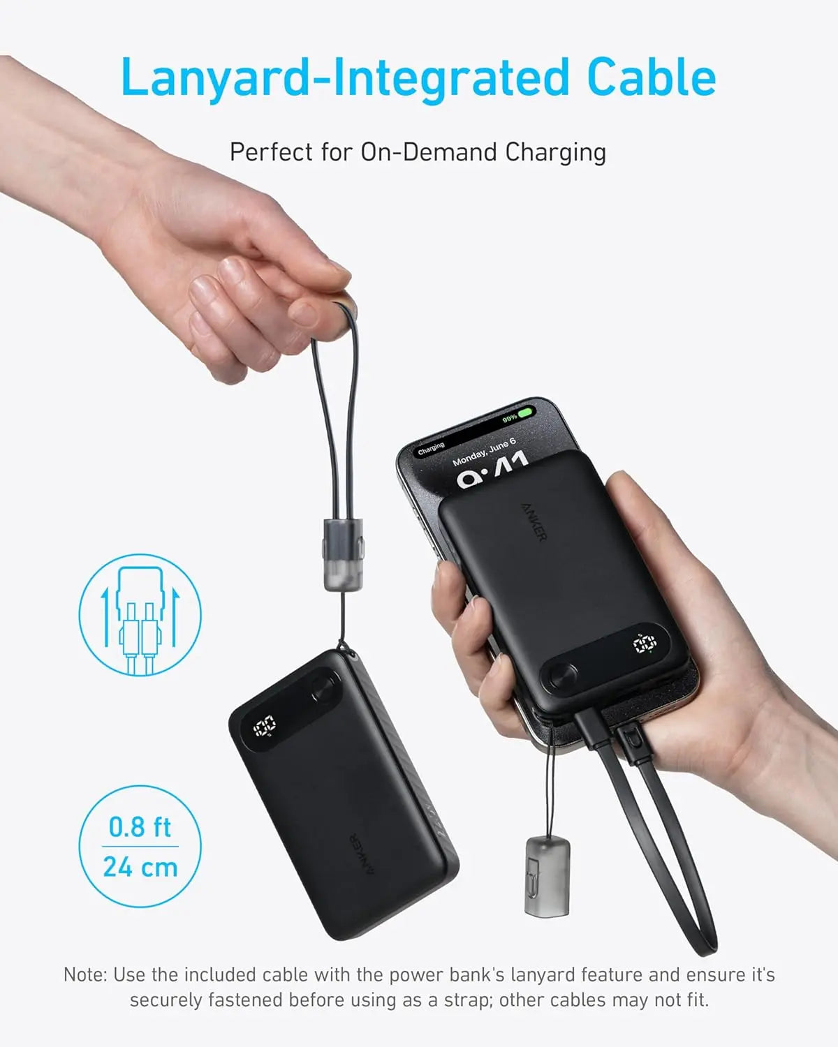 Anker power bank with lanyard-integrated cable for on-demand charging, 24 cm length, perfect for mobile use
