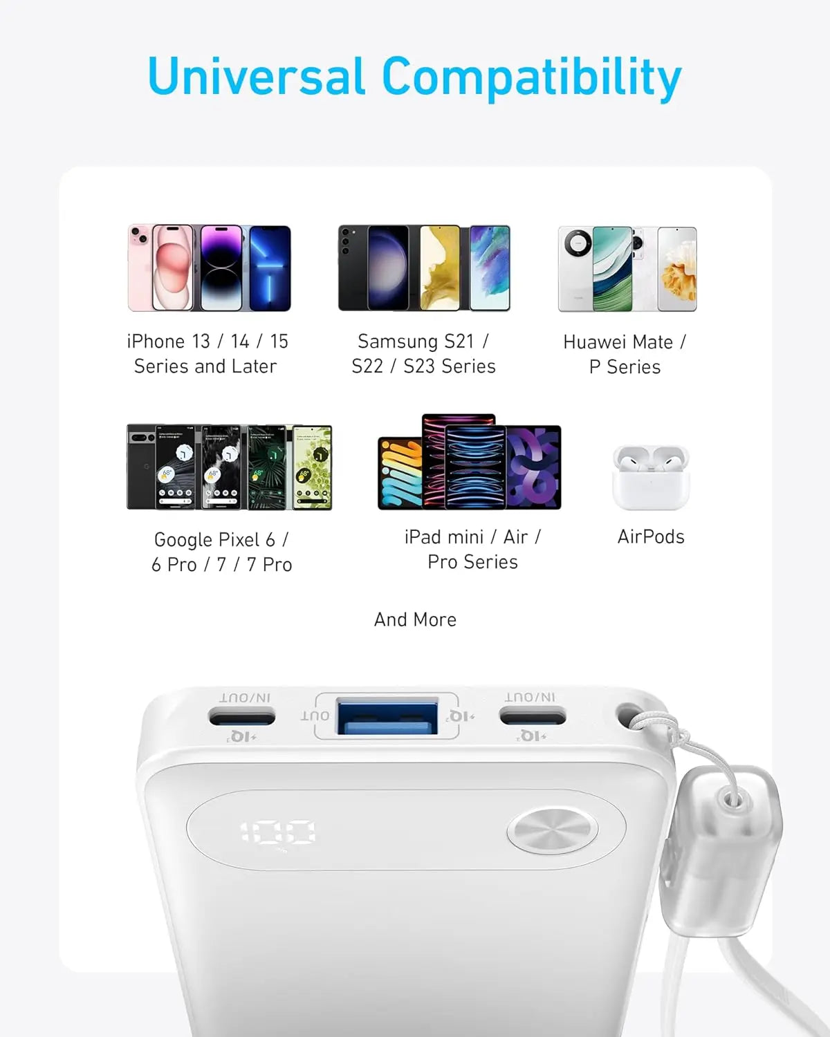 Anker power bank with universal compatibility for iPhone, Samsung, Huawei, Pixel, iPad & AirPods