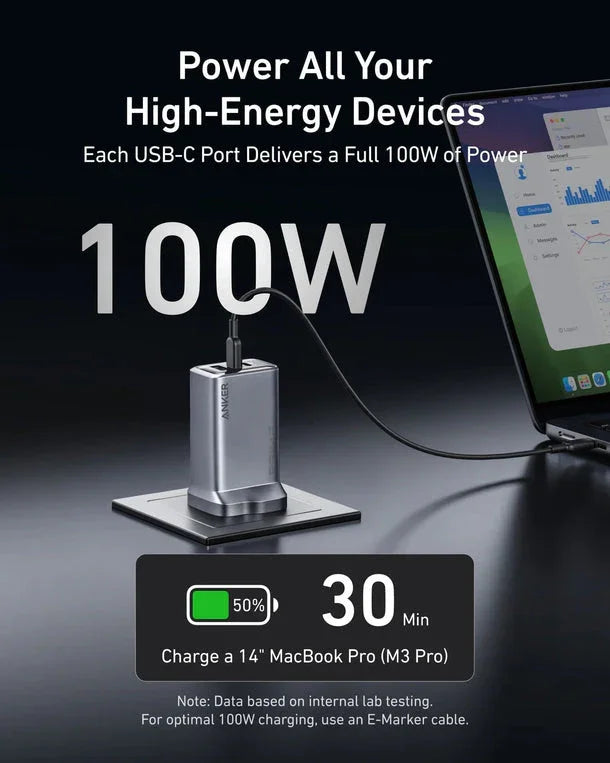 Anker 100W USB-C charger powering MacBook Pro, 50% in 30 mins — Anker Kuwait