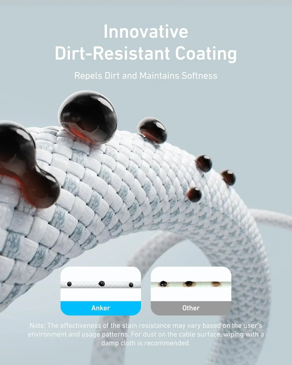 Anker dirt-resistant charging cable with innovative coating repels stains, maintains softness