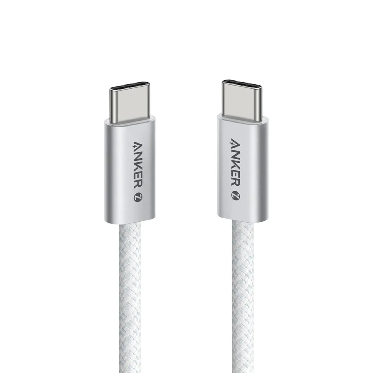 Anker USB-C to USB-C cable with braided white cord, silver connectors, for fast charging & data transfer