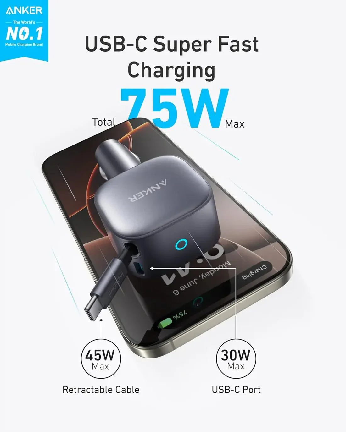 Anker USB-C Car Charger(75W Max with Built-In Retractable Cable) -Silver