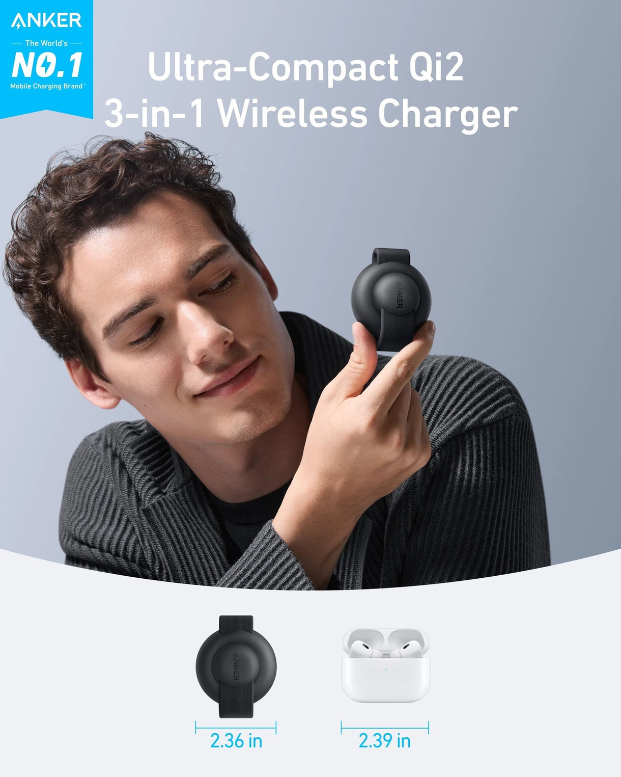 Anker MagGo Wireless Charging Station (3-in-1, Foldable Pad) with Adapter and Cable -Black