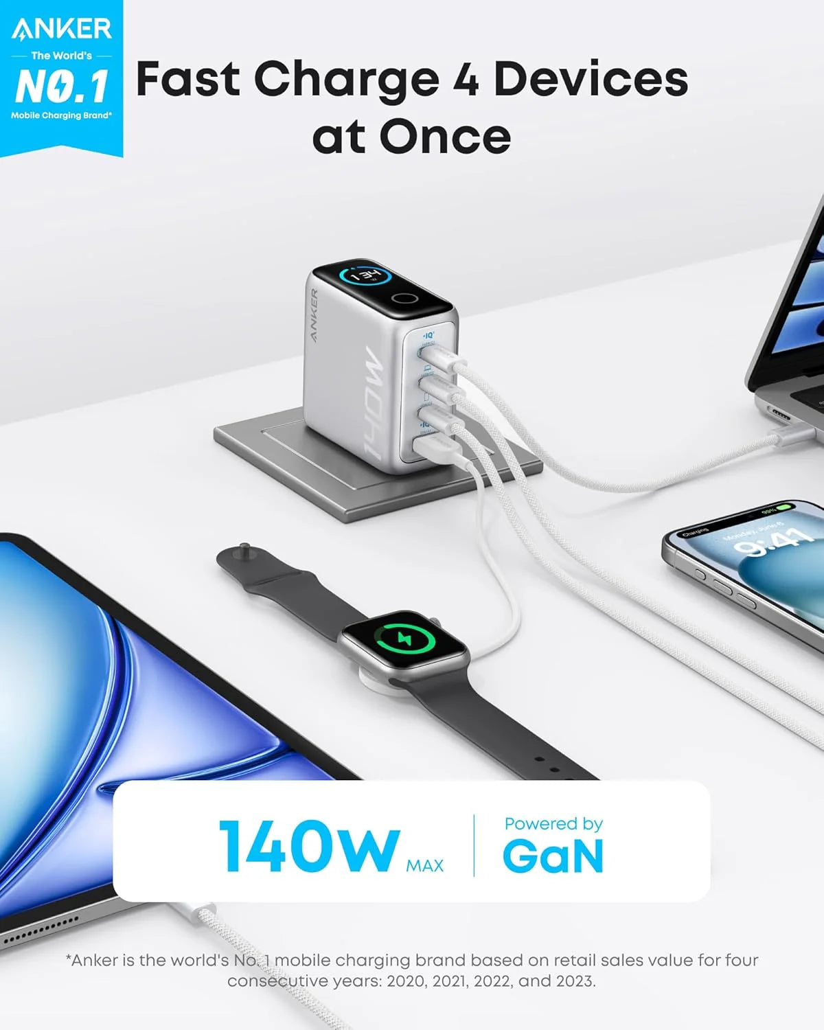 Anker Charger (140W 3C,1A) With Display -Silver