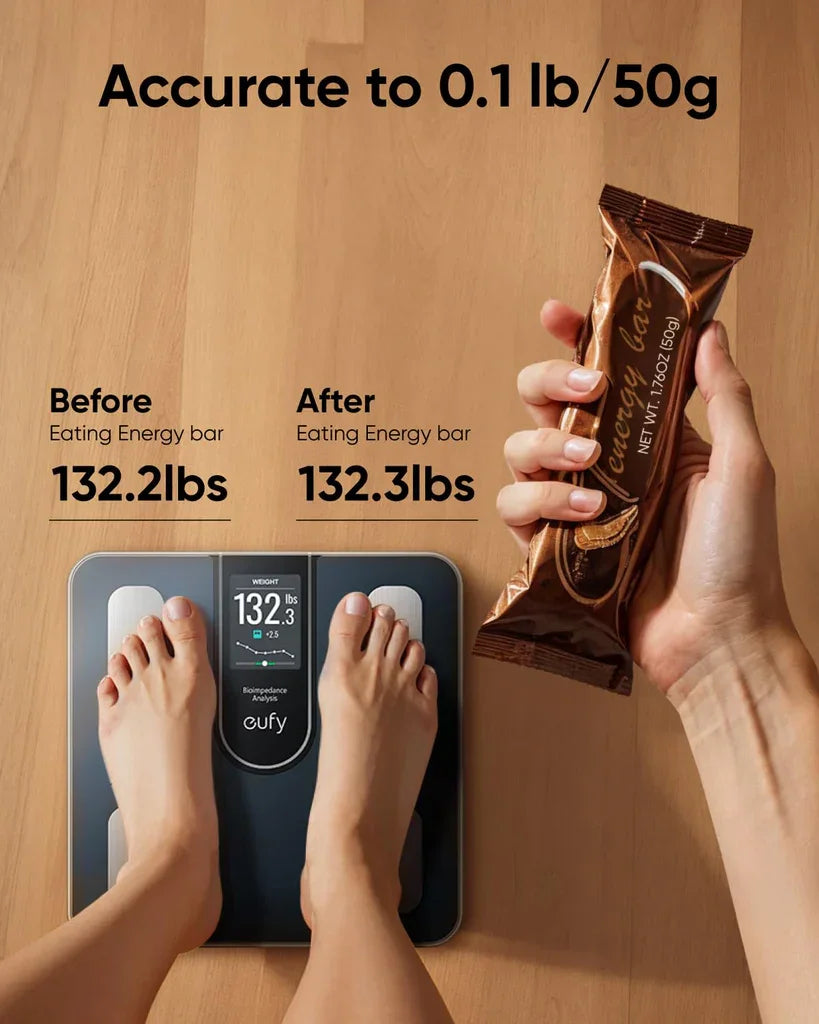 Eufy smart scale showing 132.3 lbs after eating energy bar, accurate to 0.1 lb — Anker Kuwait