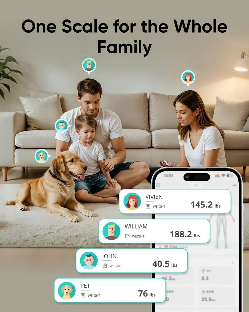 Family and pet weighing on smart scale with app display, Anker Kuwait