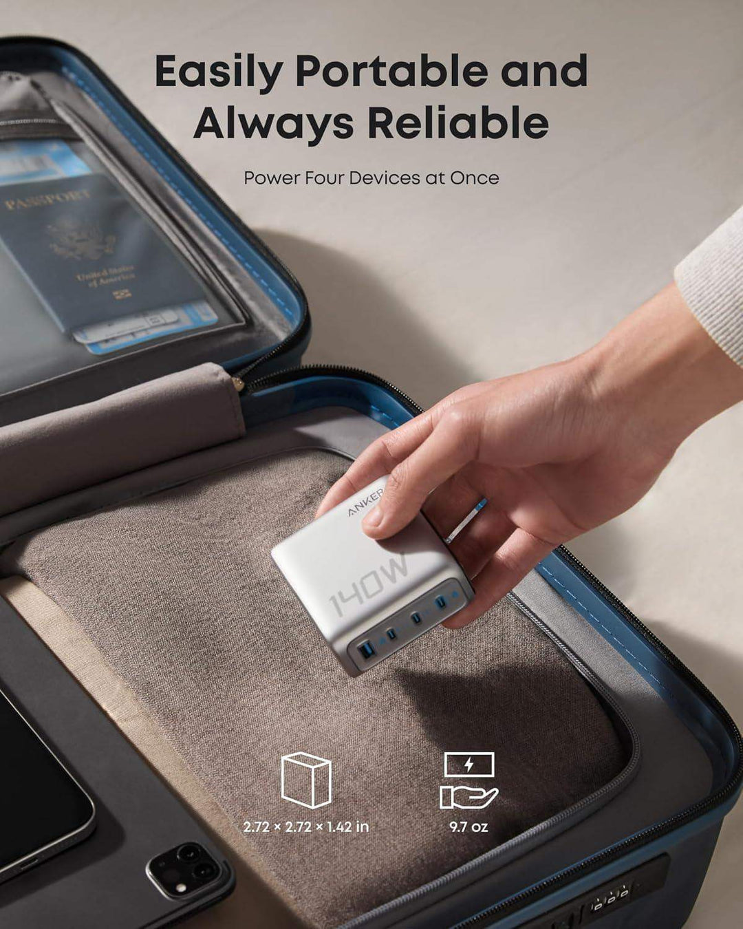Anker Charger (140W, 4-Port, PD 3.1) with USB-C Cable - Silver