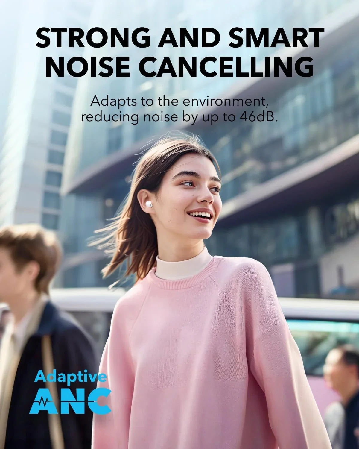 Woman wearing wireless earbuds with Adaptive ANC noise cancelling tech, Anker Kuwait