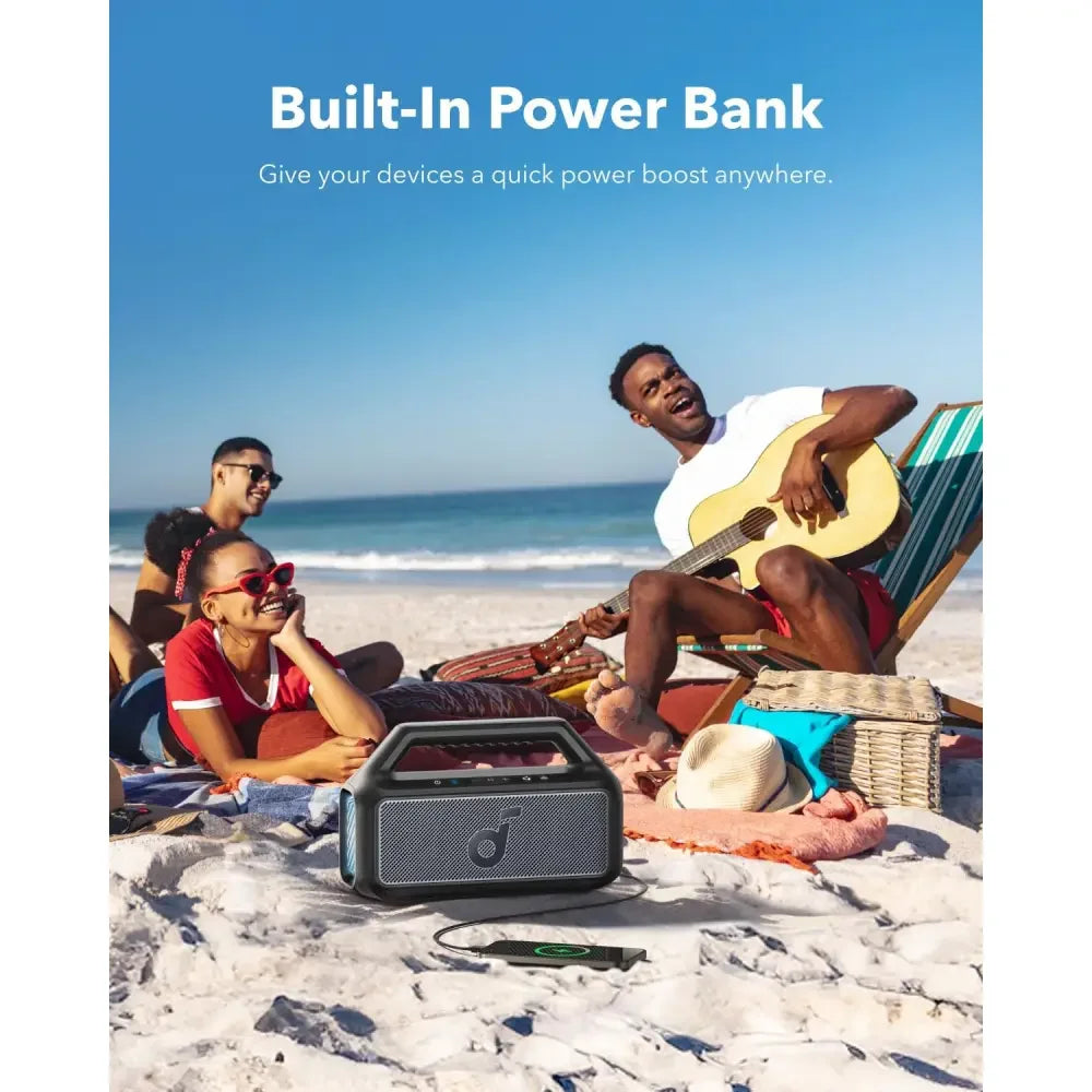 Portable speaker with built-in power bank on beach, Anker Kuwait