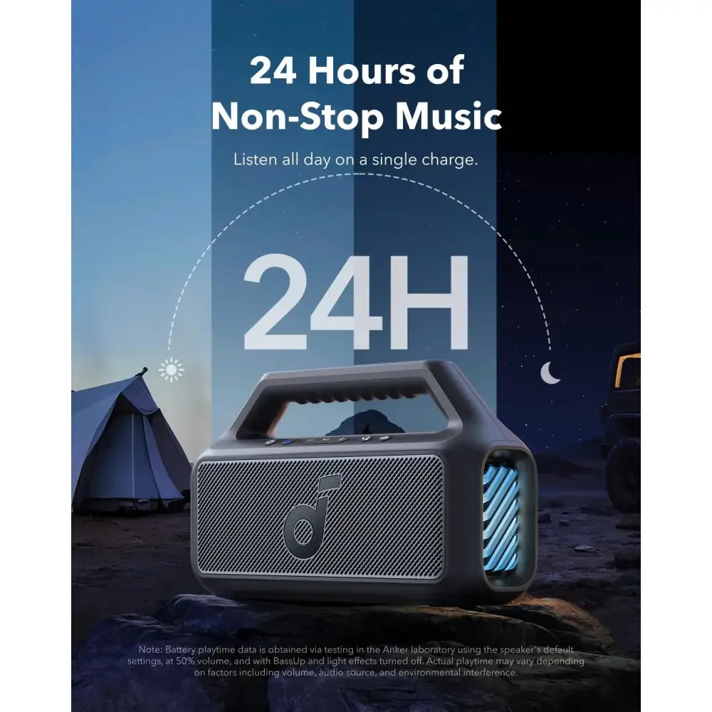 Anker portable speaker with 24H battery life, glowing blue lights, camping scene — Anker Kuwait