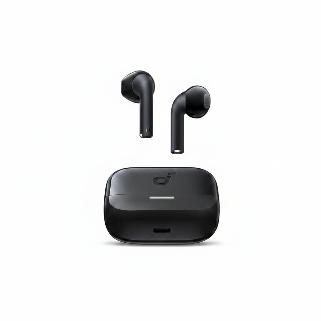 Black wireless earbuds with charging case