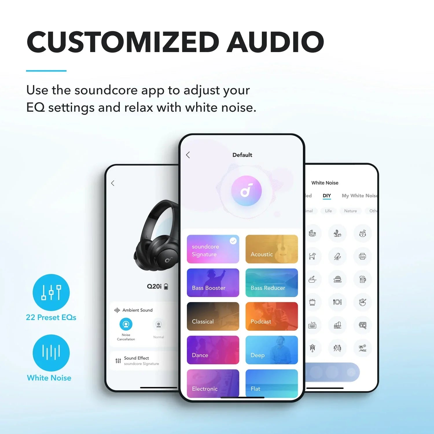 Customized audio with Soundcore app, 22 EQ presets & white noise for Anker Q20i headphones