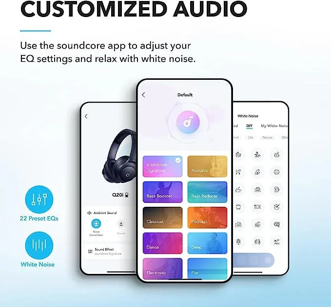 Customized audio settings with Anker Soundcore app for EQ and white noise relaxation