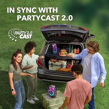 Anker PartyCast 2.0 portable speaker at outdoor BBQ with friends, syncs with car trunk setup, Anker Kuwait