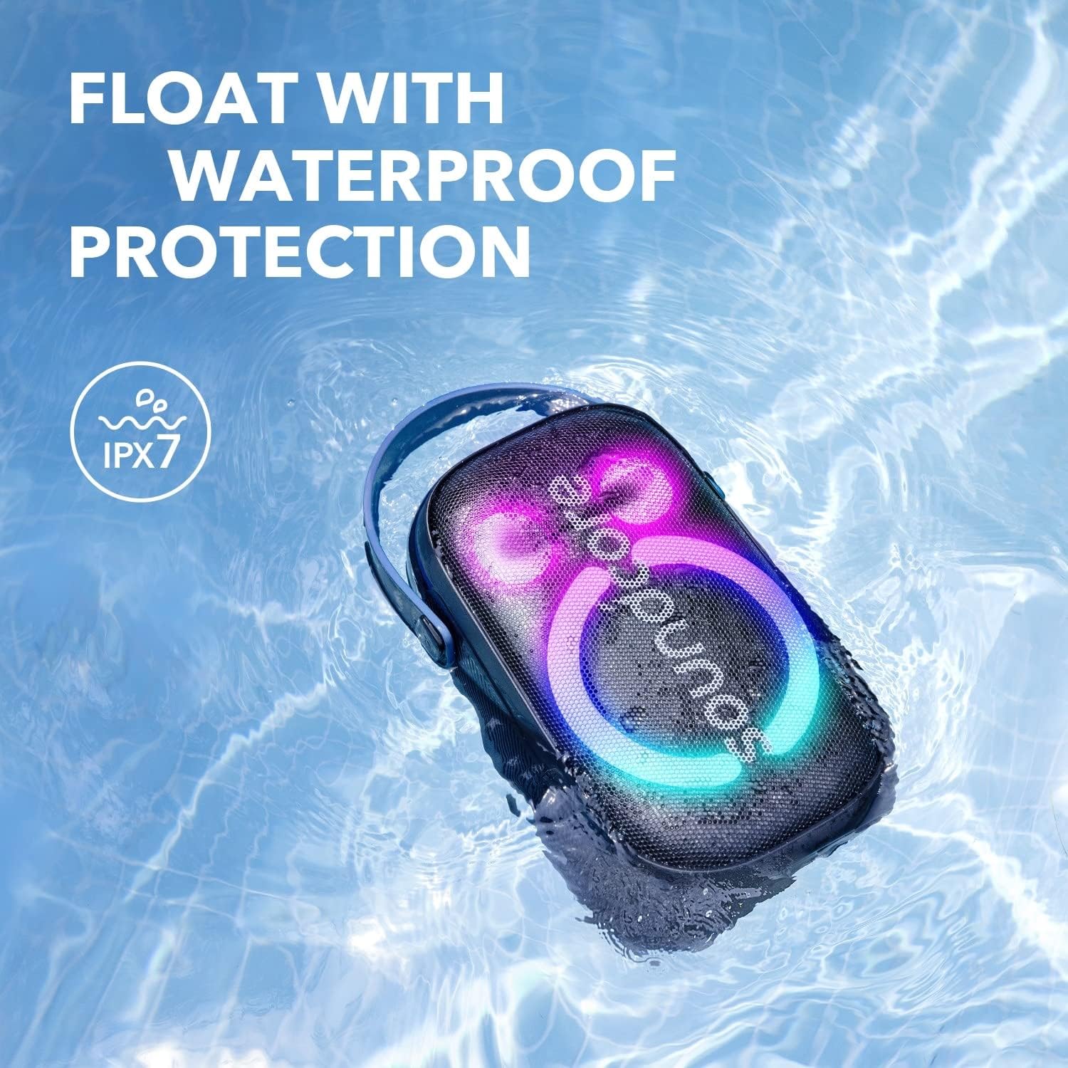 Waterproof Bluetooth speaker floating in pool with IPX7 rating, Anker Kuwait