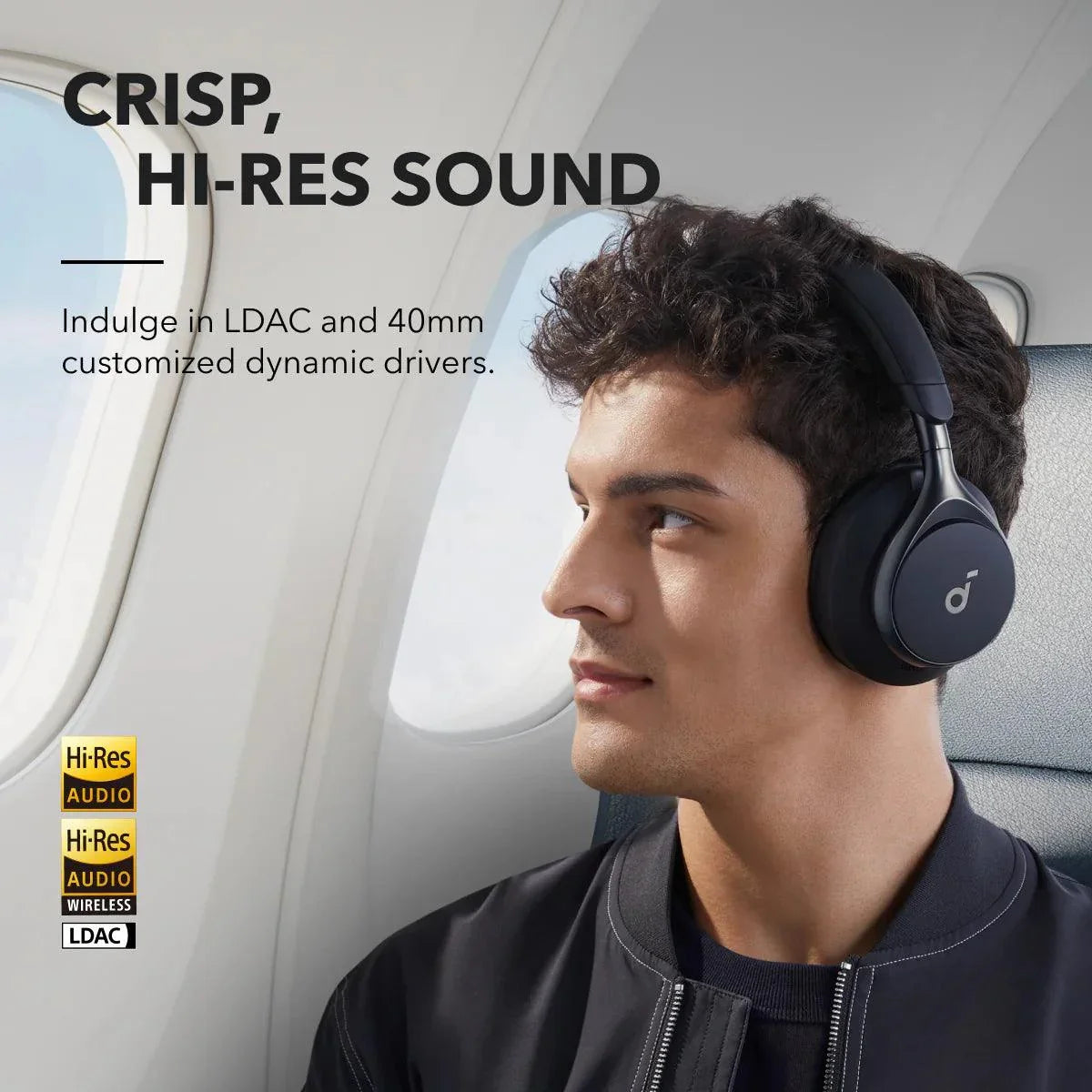 Man wearing wireless headphones with Hi-Res Audio and LDAC on airplane, enjoying crisp sound