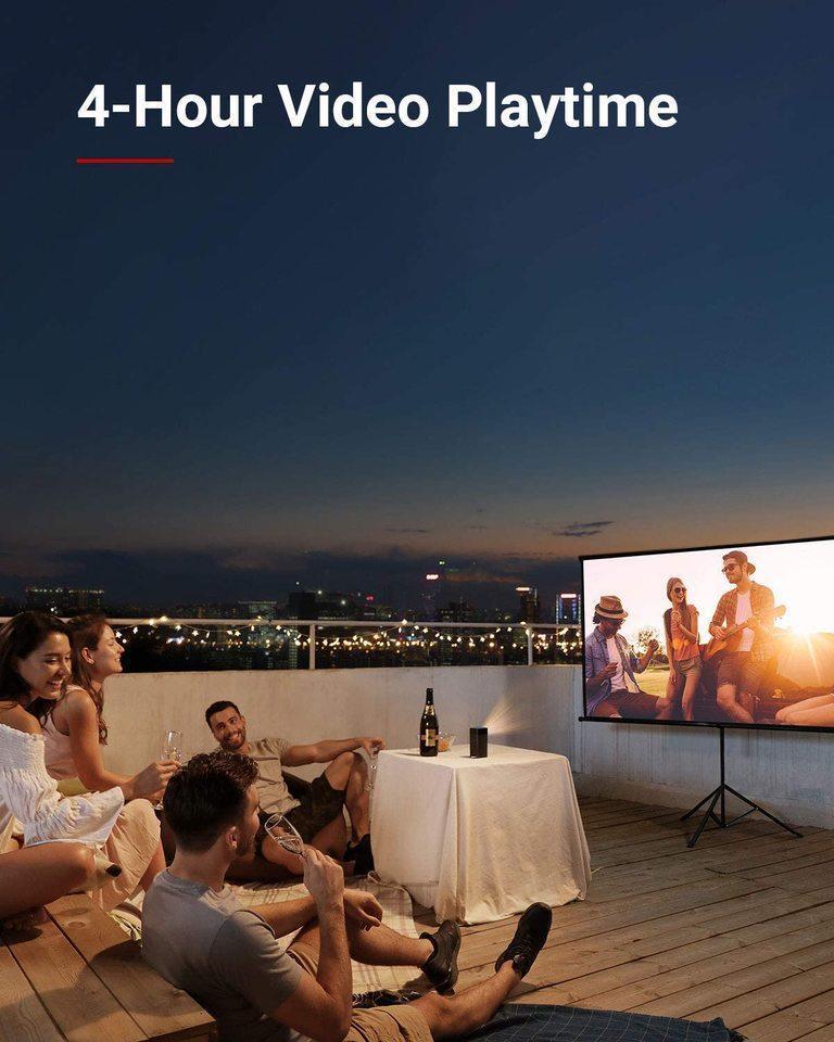 Friends enjoying 4-hour video playtime on portable projector at rooftop party, Anker Kuwait