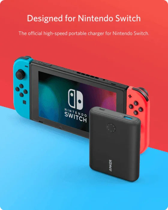 Anker power bank for Nintendo Switch, high-speed portable charger, black compact design on blue surface
