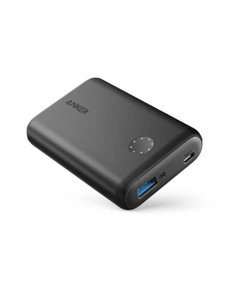 Anker power bank with USB-C and USB-A ports, compact design for charging devices on the go