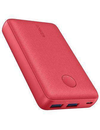Red Anker power bank with dual USB ports, compact portable charger for mobile devices