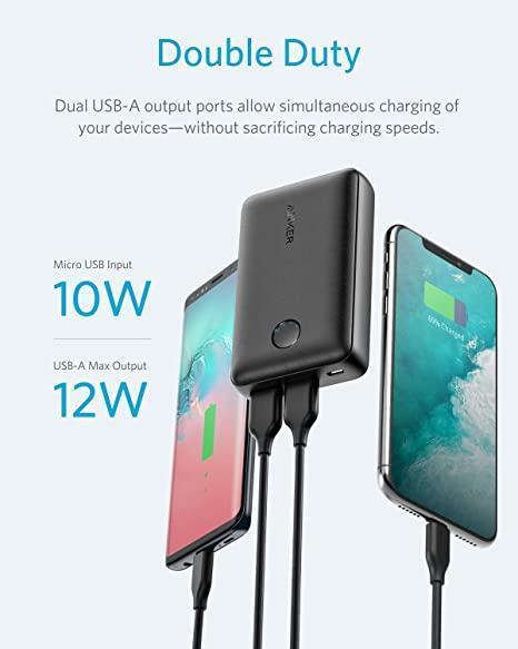 Anker power bank charging two phones via dual USB-A ports, 12W output, Anker Kuwait
