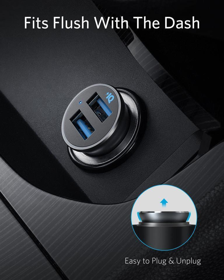 Anker car charger fits flush with dash, easy plug & unplug, dual USB ports for fast charging in Kuwait