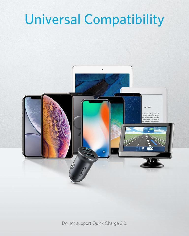 Anker car charger with universal compatibility for phones, tablets, e-readers & GPS devices