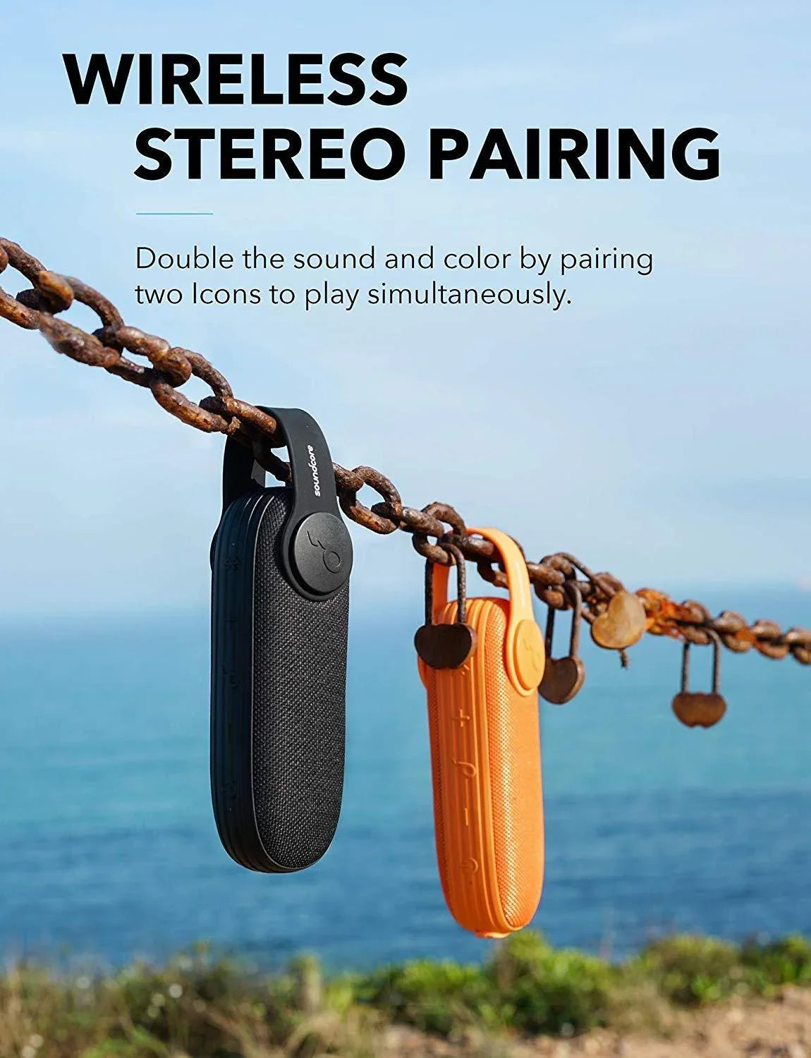Anker Soundcore Icon portable speakers hanging on chain by ocean, wireless stereo pairing feature