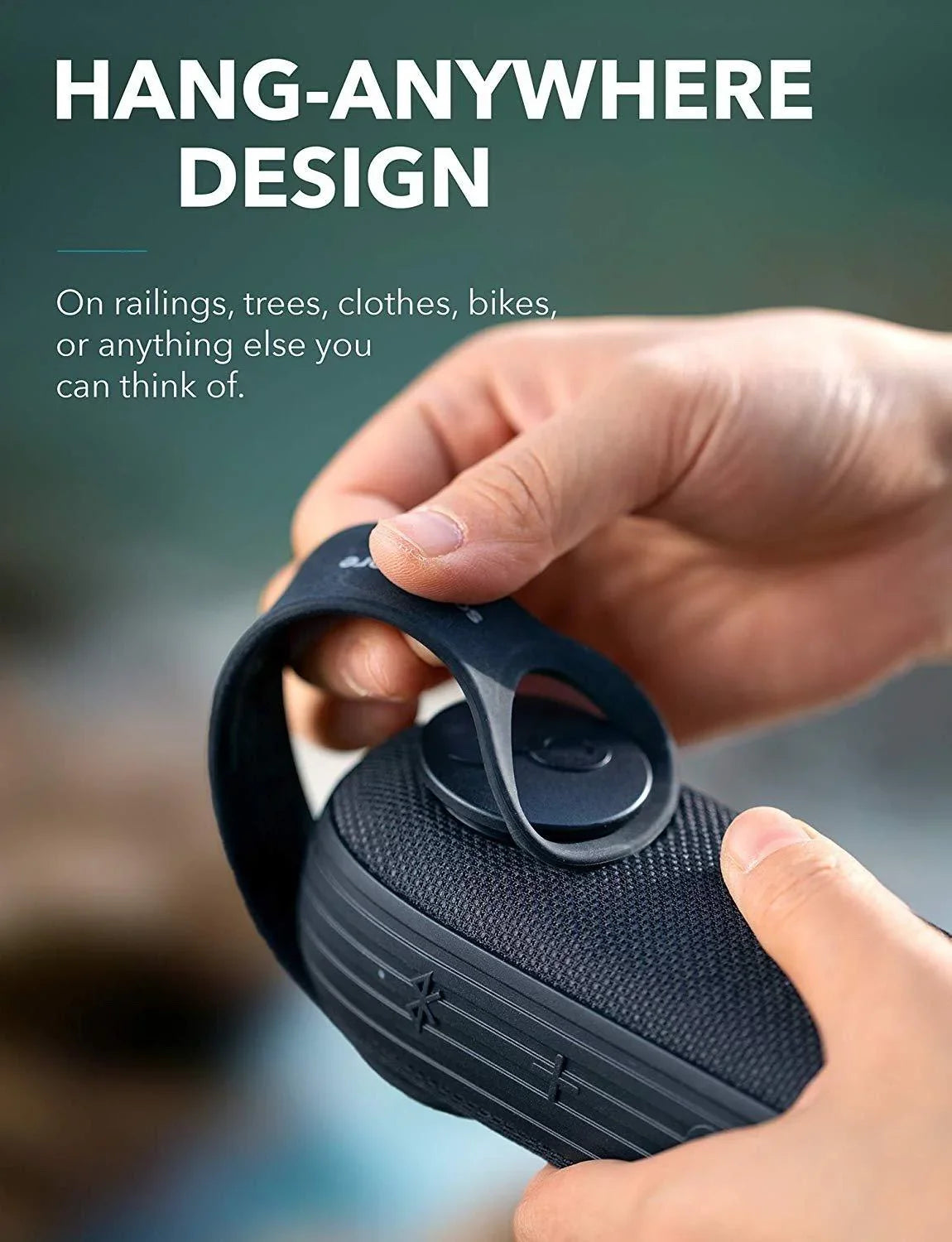 Portable Bluetooth speaker with hang-anywhere design, held in hand — Anker Kuwait
