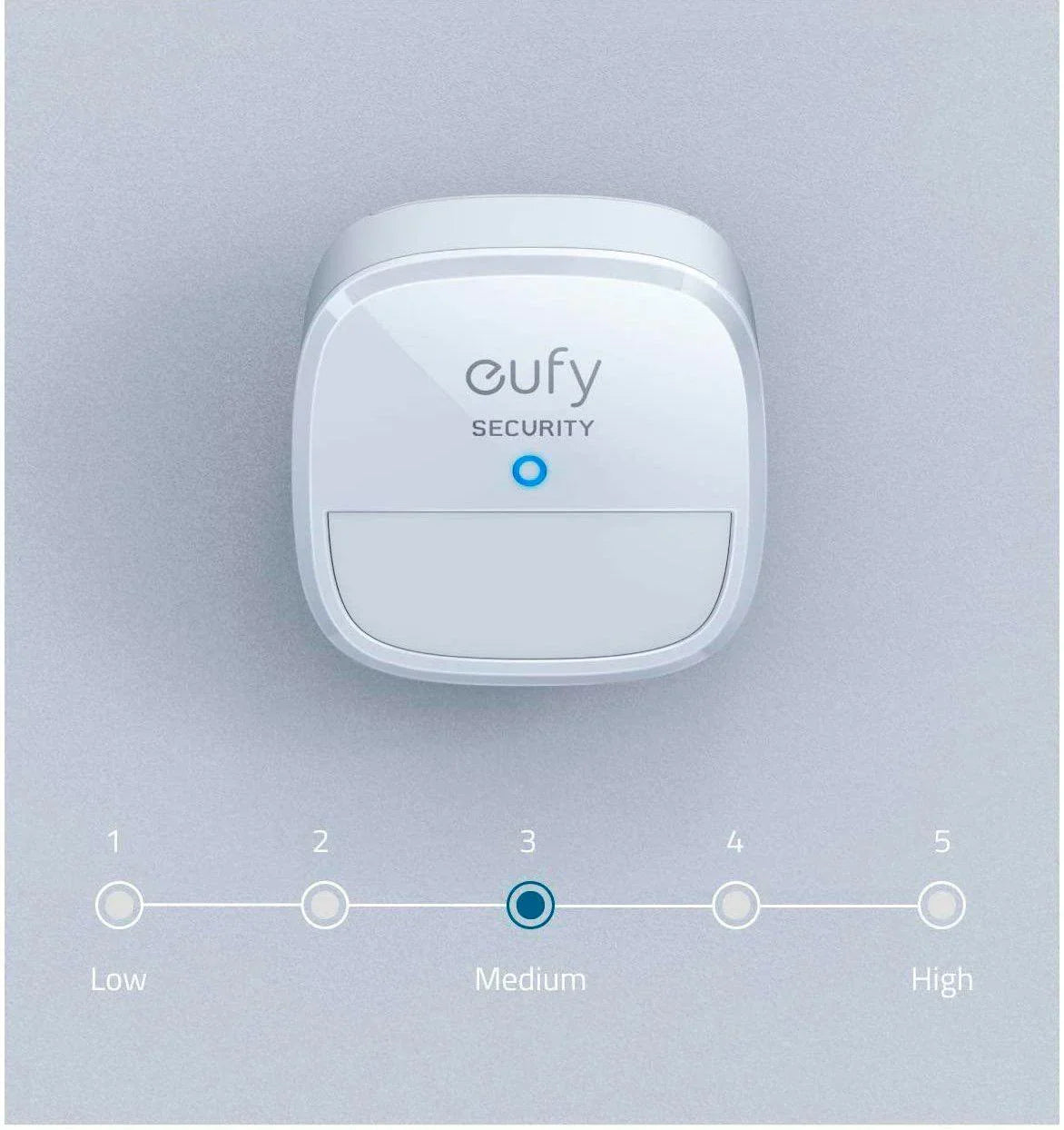 Eufy Security motion sensor with adjustable sensitivity settings, shown at medium level